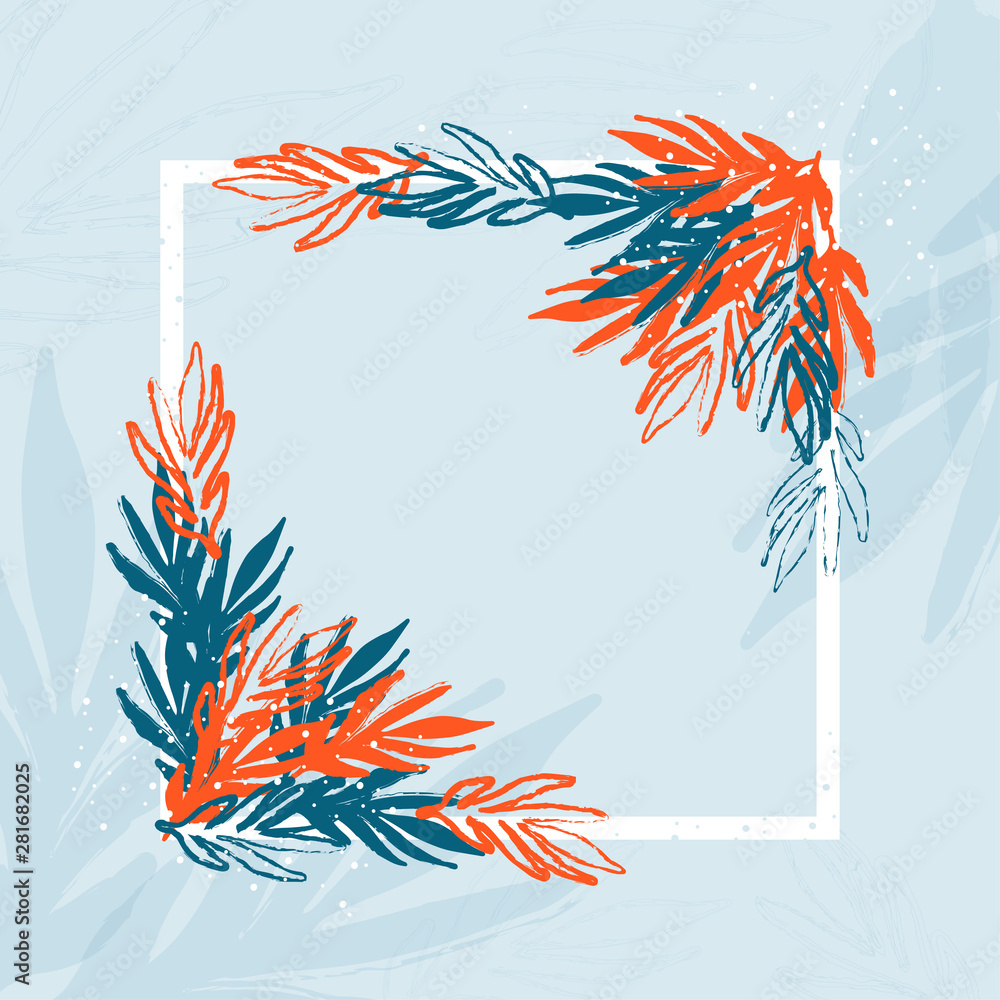 Poster greeting card template or invitation in the form of a frame with hand drawn leaves and twigs.