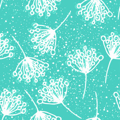Seamless vector pattern of white abstract hand drawn branches with berries and paint splashes on turquoise background.