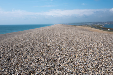 A view of Chesil Beach in the UK.