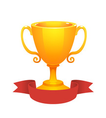 Gold cup trophy award with red label. Prize for the first place. Shiny trophy on white background.