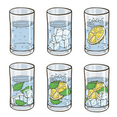 Glass of water with ice cubes, lemon and mint. Refreshing cocktails set.