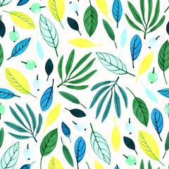 Seamless pattern with decorative multi-colored leaves. Handmade watercolor. White background