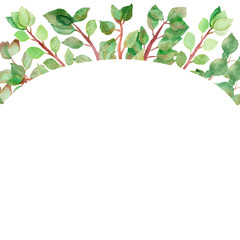 Watercolor hand painted nature half oval arch frame with green leaves and branches for invitations and greeting cards with the space for text