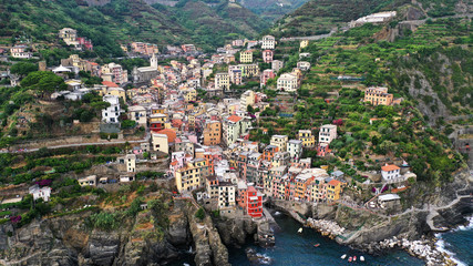 Fototapeta na wymiar Aerial view of Riomaggiore village, Cinque Terre, Italy.