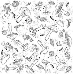 seamless pattern of forest mushrooms and autumn leaves, hand sketch with contour lines. Vector illustration
