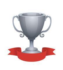 Silver cup trophy award with red label. Prize for the second place. Shiny trophy on white background.