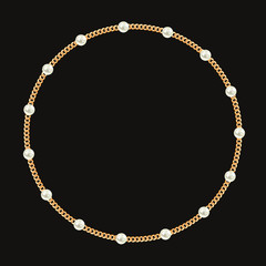 Round frame made with golden chain and white pearls. On black. Vector illustration