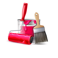 Realistic wall painter tools set. 3d paint roller, brush and bucket with pink paint. Vector redecoration equipment, wall decoration workers design. Labour day holiday, artistic workers elements. © belokrylowa