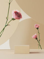 Background for cosmetic product branding, identity and packaging inspiration. Podium with pink carnations and earth tone circular geometry background. 3d rendering illustration.