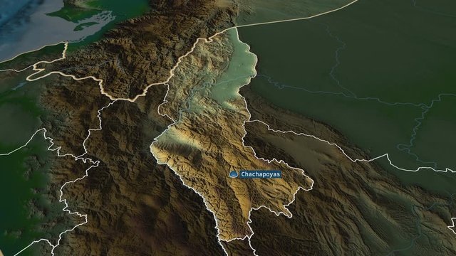 Amazonas - region of Peru with its capital zoomed on the physical map of the globe. Animation 3D