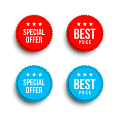Red and blue special offer banners with shadows on white background.