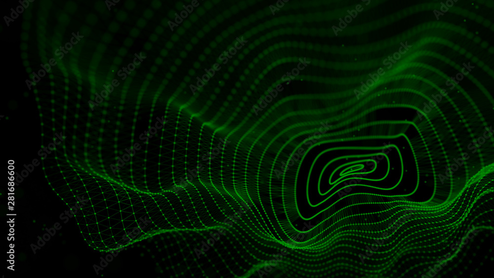 Poster Abstract background with spider web. Dynamic wave of particles. Big data. 3d rendering.