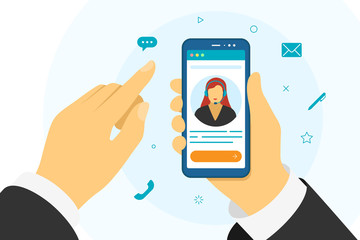 Hotline support concept. Hand holding smartphone with online female assistant in headset avatar. Call center and communication technologies customer service woman vector illustration
