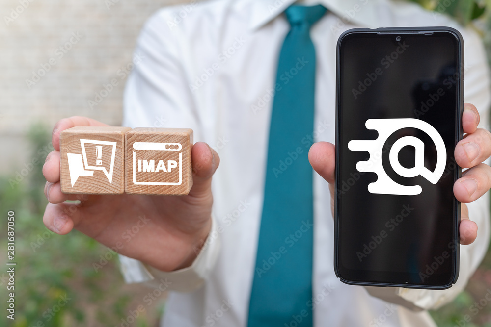 Poster e mail smartphone chatting communication technology. mobile app chat imap connection. man hold smart