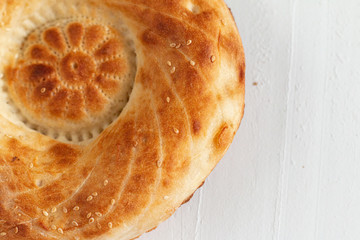 National asian cuisine bakery, top view, space for text