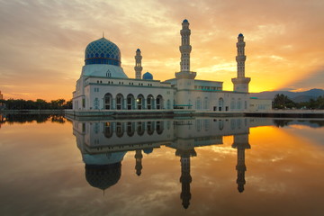 Beautiful reflection of floating mosque in Sabah Malaysia. A popular place for tourism in Malaysia