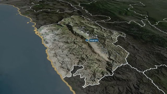 Ancash - region of Peru with its capital zoomed on the satellite map of the globe. Animation 3D