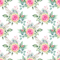 .Watercolor hand painted seamless pattern of pink roses and green leaves.