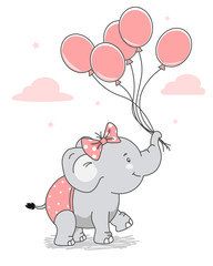 Happy elephant with a bow and balloons. Isolated vector