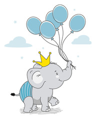 Happy elephant with crown and balloons. Isolated vector
