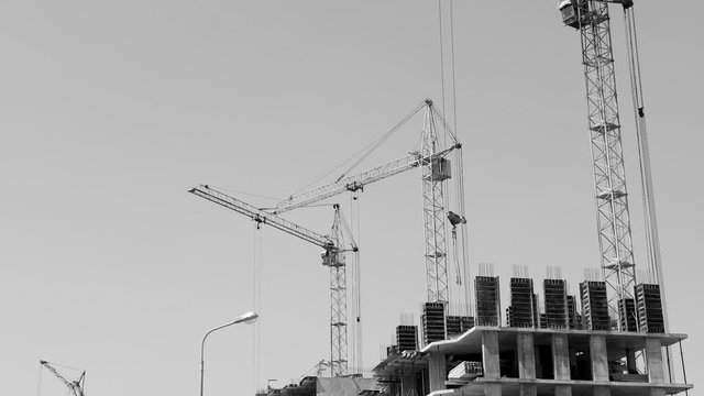 Several tower cranes build a multi-storey building and move cargo, long-range plan, time-lapse, monochrome