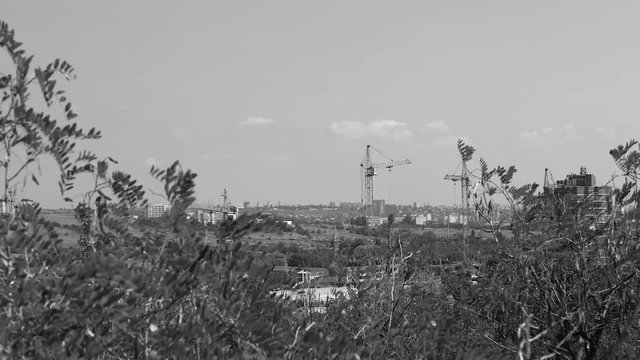 Several tower cranes build a multi-storey building and move cargo, long-range plan, time-lapse, monochrome