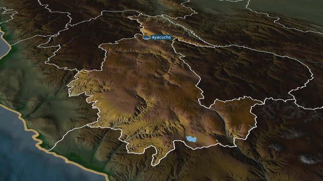 Ayacucho - region of Peru with its capital zoomed on the physical map of the globe. Animation 3D