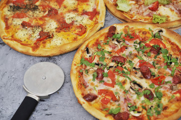 Delicious pizza on stone background.