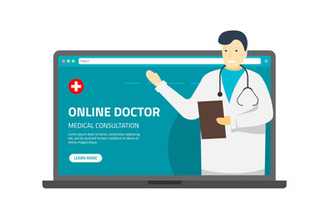 Health care online medical consultation support assistance. Doctor therapist male with stethoscope on computer screen. Vector flat illustration internet consulting hospital service
