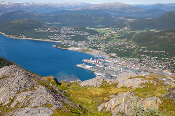 Fototapeta na wymiar To Helgelandstairs (Sherpa stone staircase) to Øyfjellet mountain from Mosjøen city in Nordland county