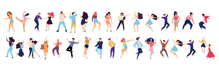 Crowd of young people dancing at club. Big set of characters having fun at party. Flat colorful vector illustration. - Vector