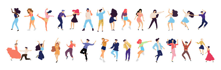 Crowd of young people dancing at club. Big set of characters having fun at party. Flat colorful vector illustration. - Vector