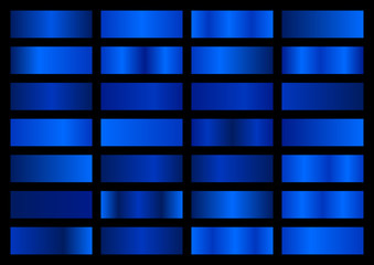 Blue metal gradient set. Vector metallic texture. Big collection of blue metallic gradients on black background