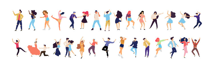 Crowd of young people dancing at club. Big set of characters having fun at party. Flat colorful vector illustration. - Vector