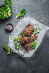 BBQ pork spare ribs top view, copy space