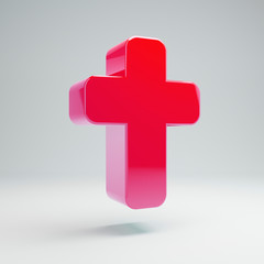 Volumetric glossy hot pink Cross icon isolated on white background.