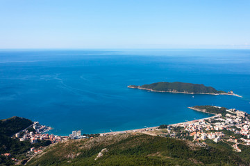 Fototapeta na wymiar Budva riviera (from above) and St Nicolas island (Skoly), Adriatic sea, Montenegro