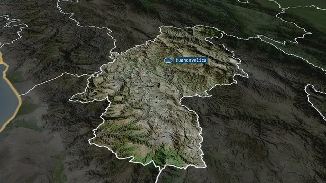 Huancavelica - region of Peru with its capital zoomed on the satellite map of the globe. Animation 3D