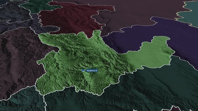 Hu&aacute;nuco - region of Peru with its capital zoomed on the administrative map of the globe. Animation 3D