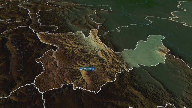 Hu&aacute;nuco - region of Peru with its capital zoomed on the physical map of the globe. Animation 3D