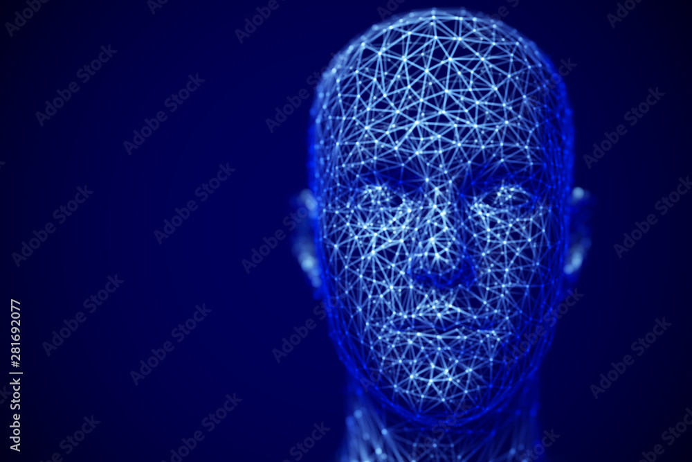 Poster cyberspace or machine learning concept: polygonal male face. digital human or robot head -abstract v