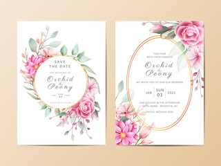 Elegant wedding invitation template cards set of watercolor floral and geometric frame