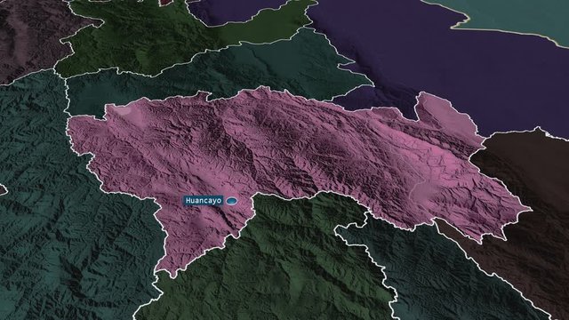 Jun&iacute;n - region of Peru with its capital zoomed on the administrative map of the globe. Animation 3D