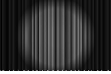 Closed silky luxury black curtain stage background spotlight beam illuminated. Theatrical cloth drape. Vector eps gradient illustration