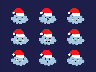 Set of cloud shaped emoji with different mood in Santas hat. Kawaii christmas and Japanese anime emoji faces expressions. Vector cartoon style comic set.