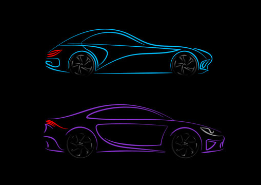 Set of Modern car silhouette in side view. Blue, violet neon car silhouette for logo, banner for marketing advertising design. Vector illustration. Isolated on black background.
