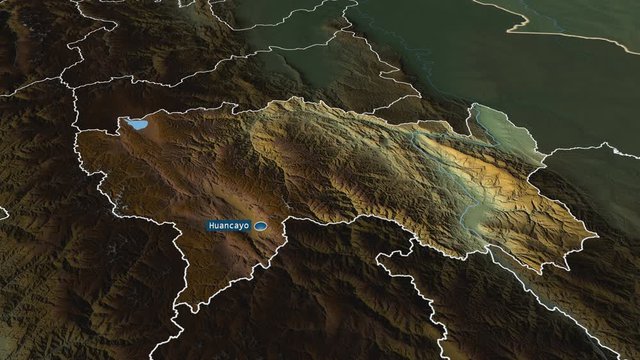 Jun&iacute;n - region of Peru with its capital zoomed on the physical map of the globe. Animation 3D