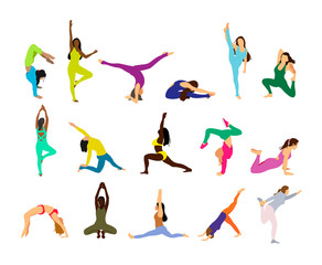 Set of women do yoga. Different asanas. Colorful simple style. Relaxing body and balancing. Slim girl in different poses. Vector illustration. Isolated on white background