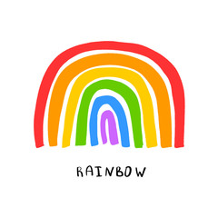 Hand drawn rainbow logo. Children's hand drawings style. Flat design. Vector colored trendy illustration. Cartoon style logotype.