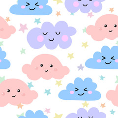 Seamless pattern funny kawaii cloud on the rainbow.Vector illustration